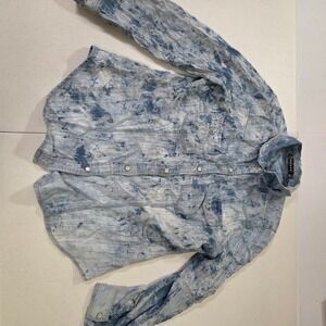 Trouve Blue Acid Wash Tie Dye Western Pearl Snap Button Down Shirt Womens Medium